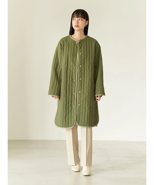 earth music&ecology(アースミュージックアンドエコロジー)の「【WEB限定】パイピングキルティングコート(ノーカラーコート・レディース・ブラック/カーキ/アイボリー・FREE)」の1枚目の写真