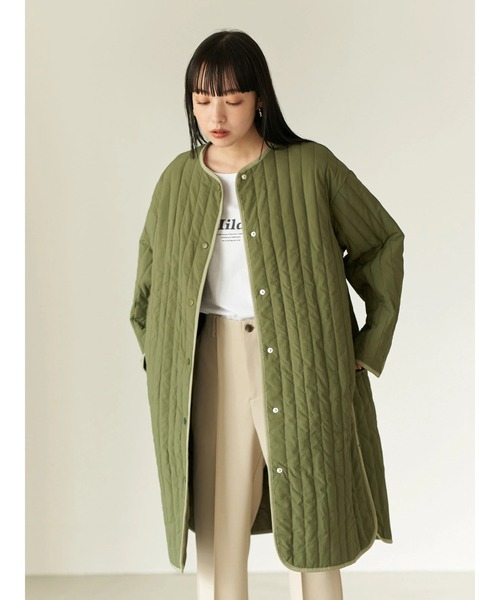 earth music&ecology(アースミュージックアンドエコロジー)の「【WEB限定】パイピングキルティングコート(ノーカラーコート・レディース・ブラック/カーキ/アイボリー・FREE)」の6枚目の写真