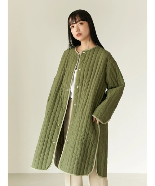 earth music&ecology(アースミュージックアンドエコロジー)の「【WEB限定】パイピングキルティングコート(ノーカラーコート・レディース・ブラック/カーキ/アイボリー・FREE)」の22枚目の写真