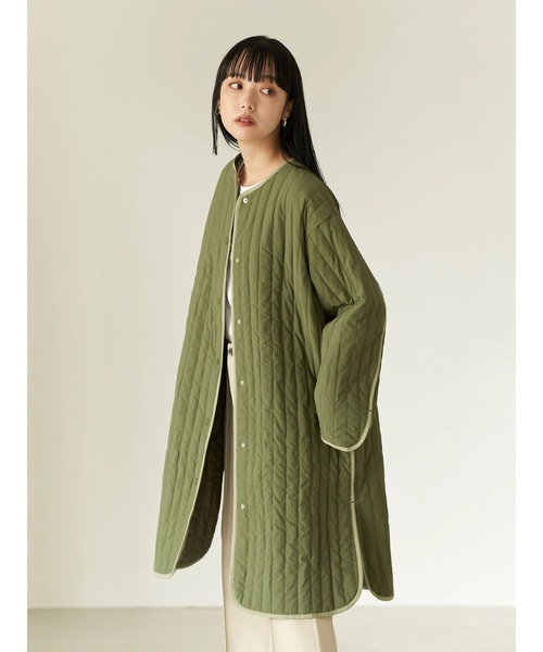 earth music&ecology(アースミュージックアンドエコロジー)の「【WEB限定】パイピングキルティングコート(ノーカラーコート・レディース・ブラック/カーキ/アイボリー・FREE)」の15枚目の写真