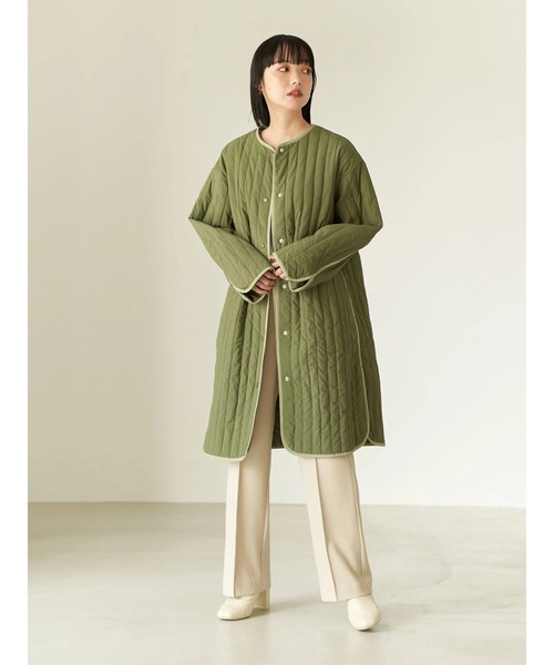 earth music&ecology(アースミュージックアンドエコロジー)の「【WEB限定】パイピングキルティングコート(ノーカラーコート・レディース・ブラック/カーキ/アイボリー・FREE)」の7枚目の写真