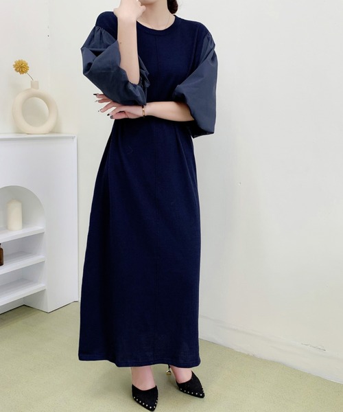 ABITOKYO(アビトーキョー)の「五分袖布帛コンビニットワンピース(ワンピース・レディース・ブラック/ベージュ/グレー/ネイビー・FREE)」の5枚目の写真