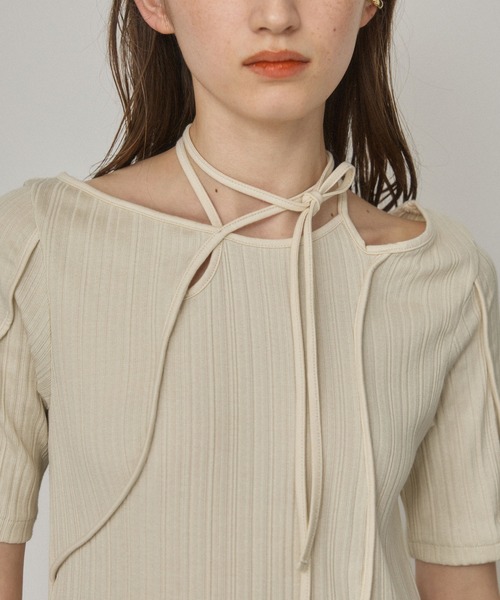 PUBLIC TOKYO（パブリックトウキョウ）の「【洗える】ランダムリブハーフスリーブカットアウトトップス（Tシャツ/カットソー・レディース・ブラック/ライム/アイボリー/サックスブルー/オレンジ・FREE）」の12枚目の写真