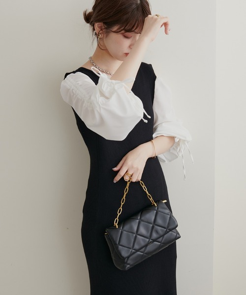 natural couture（ナチュラルクチュール）の「WEB限定/袖がポイントの大人Sweetな1枚 ドロストギャザー袖2WAYリブワンピース（ワンピース・レディース・ブラック/ブラウン/ミント/ブラック系その他・FREE）」の13枚目の写真