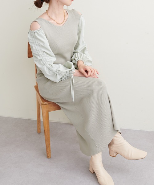 natural couture（ナチュラルクチュール）の「WEB限定/袖がポイントの大人Sweetな1枚 ドロストギャザー袖2WAYリブワンピース（ワンピース・レディース・ブラック/ブラウン/ミント/ブラック系その他・FREE）」の7枚目の写真