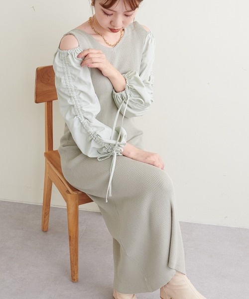 natural couture（ナチュラルクチュール）の「WEB限定/袖がポイントの大人Sweetな1枚 ドロストギャザー袖2WAYリブワンピース（ワンピース・レディース・ブラック/ブラウン/ミント/ブラック系その他・FREE）」の15枚目の写真