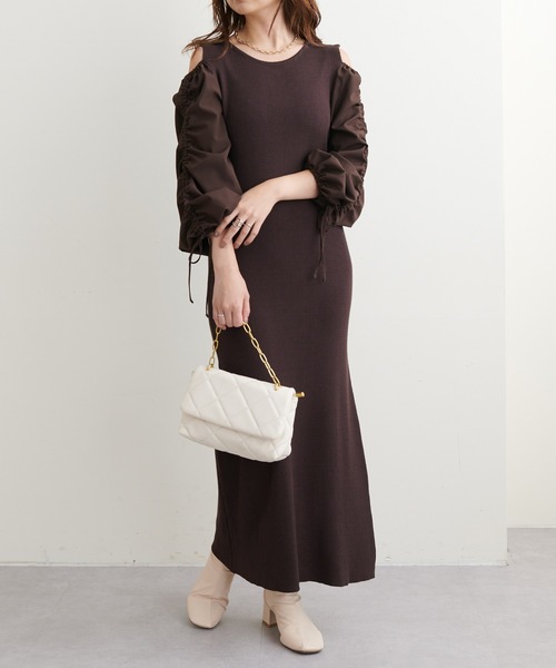 natural couture（ナチュラルクチュール）の「WEB限定/袖がポイントの大人Sweetな1枚 ドロストギャザー袖2WAYリブワンピース（ワンピース・レディース・ブラック/ブラウン/ミント/ブラック系その他・FREE）」の14枚目の写真