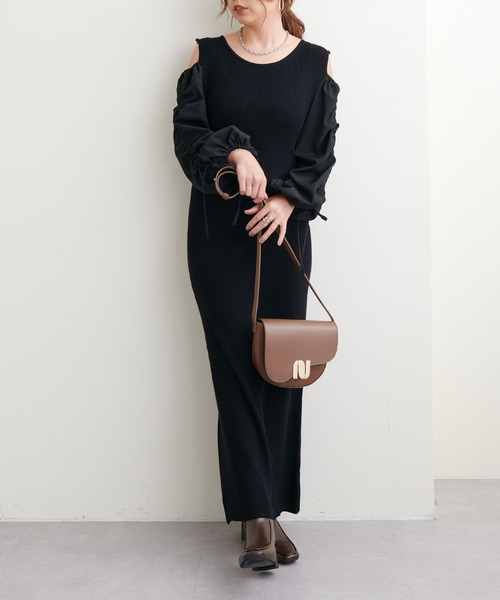 natural couture（ナチュラルクチュール）の「WEB限定/袖がポイントの大人Sweetな1枚 ドロストギャザー袖2WAYリブワンピース（ワンピース・レディース・ブラック/ブラウン/ミント/ブラック系その他・FREE）」の5枚目の写真