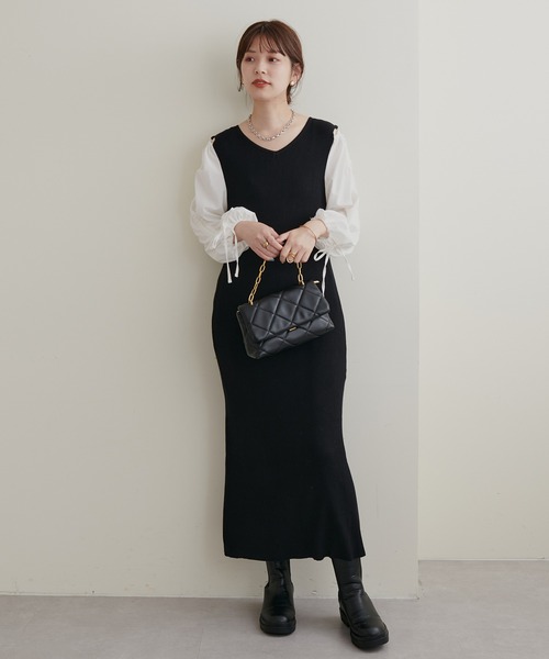 natural couture（ナチュラルクチュール）の「WEB限定/袖がポイントの大人Sweetな1枚 ドロストギャザー袖2WAYリブワンピース（ワンピース・レディース・ブラック/ブラウン/ミント/ブラック系その他・FREE）」の9枚目の写真