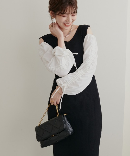 natural couture（ナチュラルクチュール）の「WEB限定/袖がポイントの大人Sweetな1枚 ドロストギャザー袖2WAYリブワンピース（ワンピース・レディース・ブラック/ブラウン/ミント/ブラック系その他・FREE）」の6枚目の写真