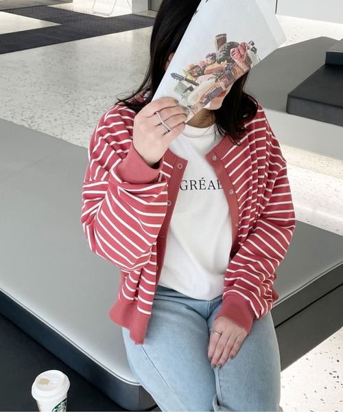 Meli rich（メリーリッチ）の「前後2WAYスナップボタンボーダーカーディガン（カーディガン/ボレロ・レディース・アイボリー/ピンク/グリーン/ネイビー・MEDIUM）」の4枚目の写真