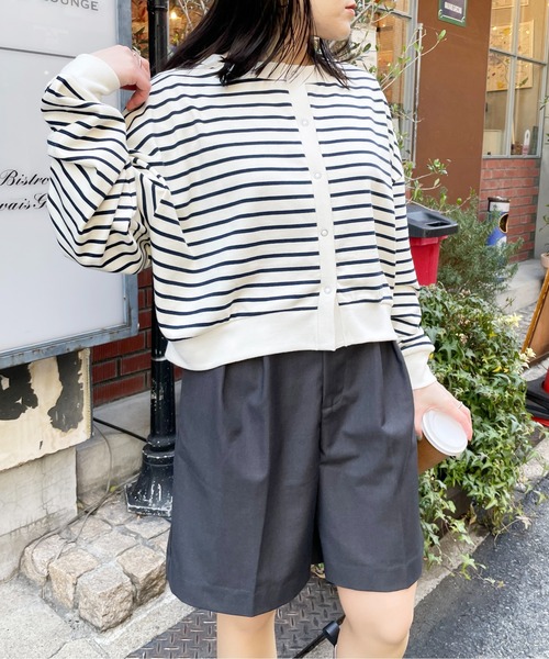 Meli rich（メリーリッチ）の「前後2WAYスナップボタンボーダーカーディガン（カーディガン/ボレロ・レディース・アイボリー/ピンク/グリーン/ネイビー・MEDIUM）」の7枚目の写真