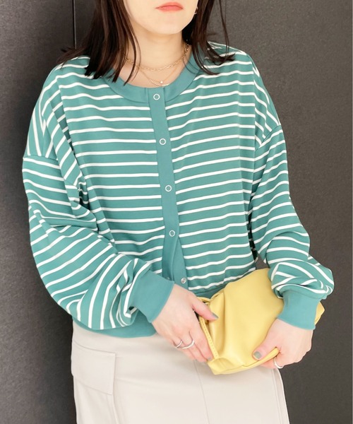 Meli rich（メリーリッチ）の「前後2WAYスナップボタンボーダーカーディガン（カーディガン/ボレロ・レディース・アイボリー/ピンク/グリーン/ネイビー・MEDIUM）」の15枚目の写真