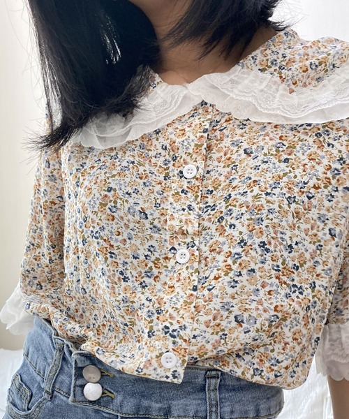 セール】セットアップ フラワープリントブラウス・デニムスカート  