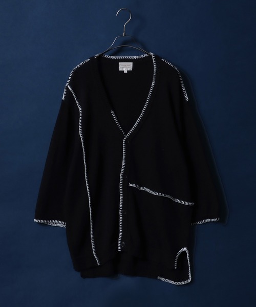 ANPAS（アンパス）の「Cotton Linen Hand Stitch Oversized Knit Cardigan/綿麻 ハンドステッチ オーバーサイズ 半袖 ニットカーディガン（カーディガン/ボレロ・メンズ・ライトグレー/ブラック/グレイッシュベージュ・M/L）」の2枚目の写真