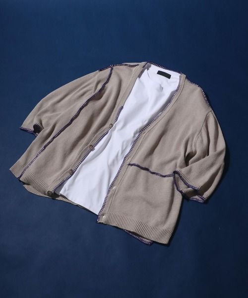 ANPAS（アンパス）の「Cotton Linen Hand Stitch Oversized Knit Cardigan/綿麻 ハンドステッチ オーバーサイズ 半袖 ニットカーディガン（カーディガン/ボレロ・メンズ・ライトグレー/ブラック/グレイッシュベージュ・M/L）」の21枚目の写真