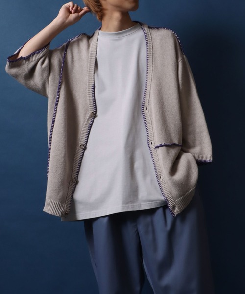 ANPAS（アンパス）の「Cotton Linen Hand Stitch Oversized Knit Cardigan/綿麻 ハンドステッチ オーバーサイズ 半袖 ニットカーディガン（カーディガン/ボレロ・メンズ・ライトグレー/ブラック/グレイッシュベージュ・M/L）」の18枚目の写真
