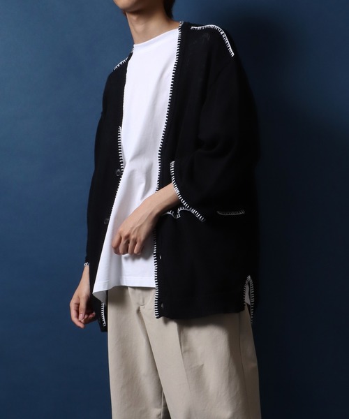 ANPAS（アンパス）の「Cotton Linen Hand Stitch Oversized Knit Cardigan/綿麻 ハンドステッチ オーバーサイズ 半袖 ニットカーディガン（カーディガン/ボレロ・メンズ・ライトグレー/ブラック/グレイッシュベージュ・M/L）」の16枚目の写真
