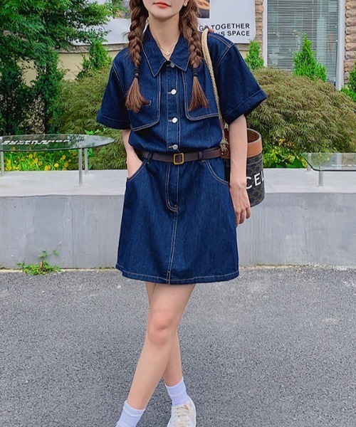 詩仙堂 デニム調 チュニック ワンピース 上質 デニム ティアード 