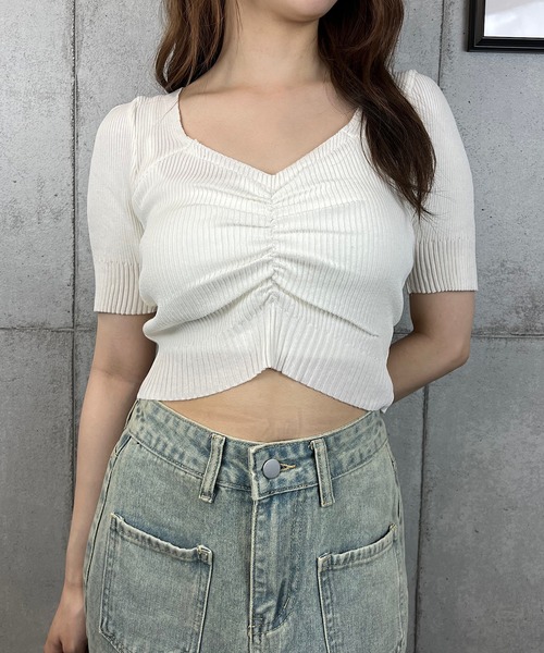 ROGER AND RAW(ロジャーアンドロウ)の「シャーリングクロップド半袖ニットトップス(Tシャツ/カットソー・レディース・ホワイト/ブラック/ラベンダー・FREE)」の10枚目の写真