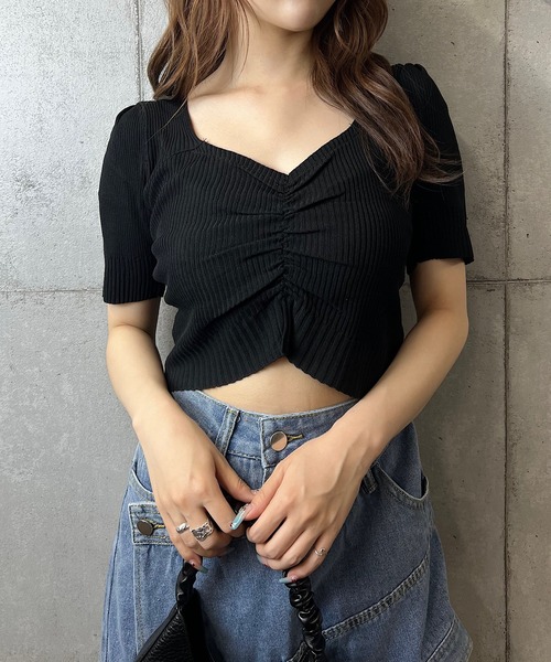 ROGER AND RAW(ロジャーアンドロウ)の「シャーリングクロップド半袖ニットトップス(Tシャツ/カットソー・レディース・ホワイト/ブラック/ラベンダー・FREE)」の16枚目の写真