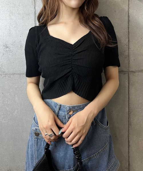 ROGER AND RAW(ロジャーアンドロウ)の「シャーリングクロップド半袖ニットトップス(Tシャツ/カットソー・レディース・ホワイト/ブラック/ラベンダー・FREE)」の20枚目の写真