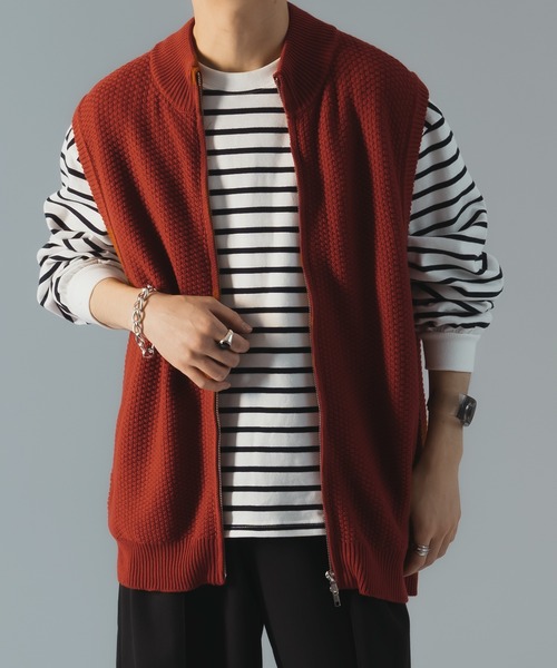 epnok（エプノック）の「ダブルジップ鹿の子ニットベスト（ベスト・メンズ・レッド/チャコールグレー・SMALL/MEDIUM/LARGE）」の3枚目の写真