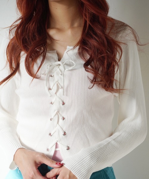 Jelly moo / ジェリームー 】 フロント 編み込み リブニット トップス