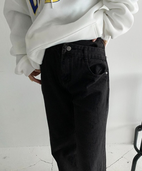 セール】ウエストデザイン ハイウエスト ストレートデニムパンツ