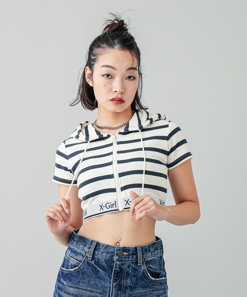 【セール】LOGO AND STRIPE S/S ZIP UP HOODIE（パーカー）｜X-girl（エックスガール）