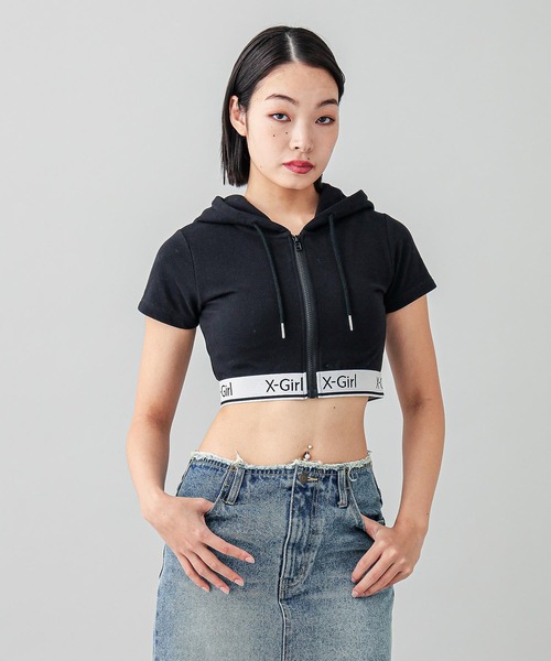 【セール】LOGO AND STRIPE S/S ZIP UP HOODIE（パーカー）｜X-girl（エックスガール）