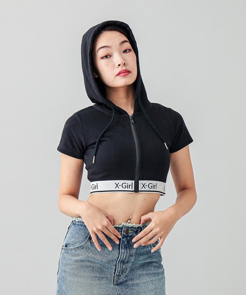 【セール】LOGO AND STRIPE S/S ZIP UP HOODIE（パーカー）｜X-girl（エックスガール）