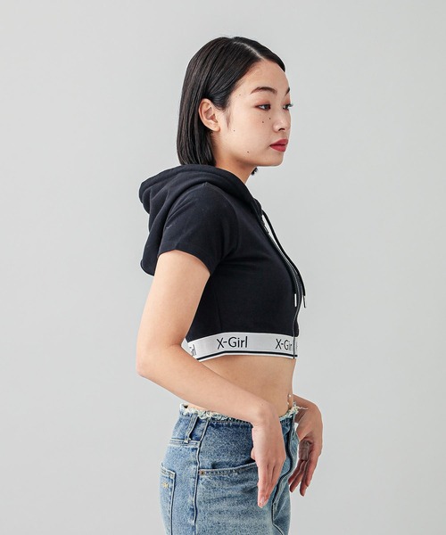 【セール】LOGO AND STRIPE S/S ZIP UP HOODIE（パーカー）｜X-girl（エックスガール）