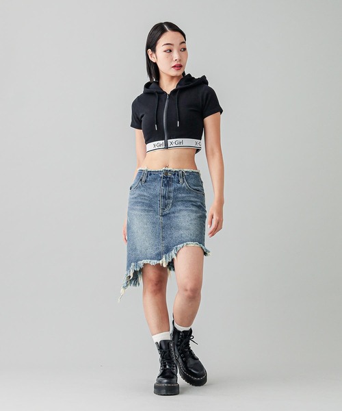 【セール】LOGO AND STRIPE S/S ZIP UP HOODIE（パーカー）｜X-girl（エックスガール）