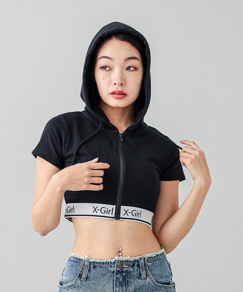 【セール】LOGO AND STRIPE S/S ZIP UP HOODIE（パーカー）｜X-girl（エックスガール）