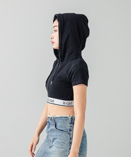 【セール】LOGO AND STRIPE S/S ZIP UP HOODIE（パーカー）｜X-girl（エックスガール）