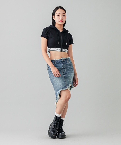 【セール】LOGO AND STRIPE S/S ZIP UP HOODIE（パーカー）｜X-girl（エックスガール）