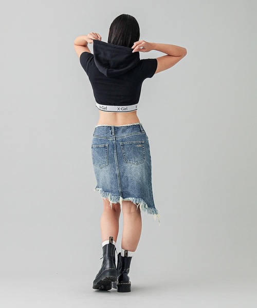 【セール】LOGO AND STRIPE S/S ZIP UP HOODIE（パーカー）｜X-girl（エックスガール）