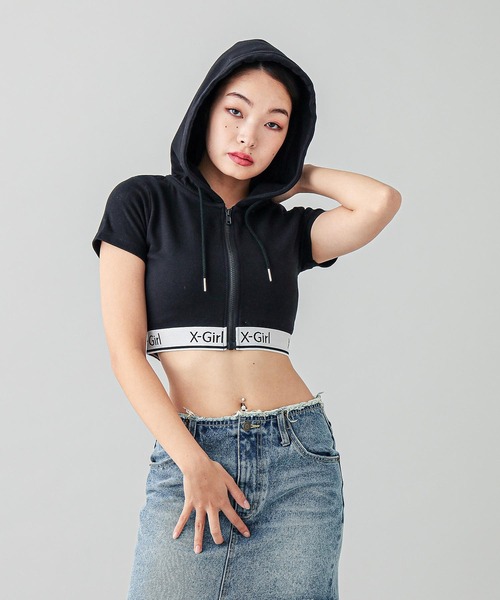 【セール】LOGO AND STRIPE S/S ZIP UP HOODIE（パーカー）｜X-girl（エックスガール）