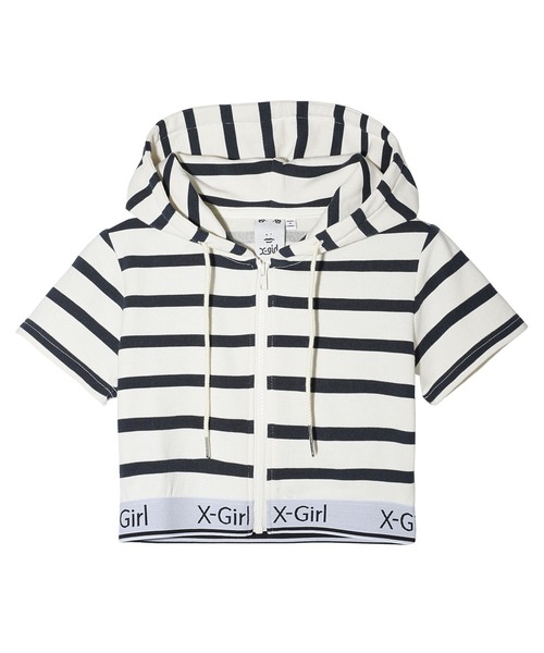 【セール】LOGO AND STRIPE S/S ZIP UP HOODIE（パーカー）｜X-girl（エックスガール）