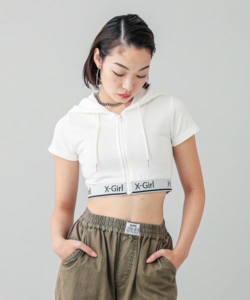 【セール】LOGO AND STRIPE S/S ZIP UP HOODIE（パーカー）｜X-girl（エックスガール）