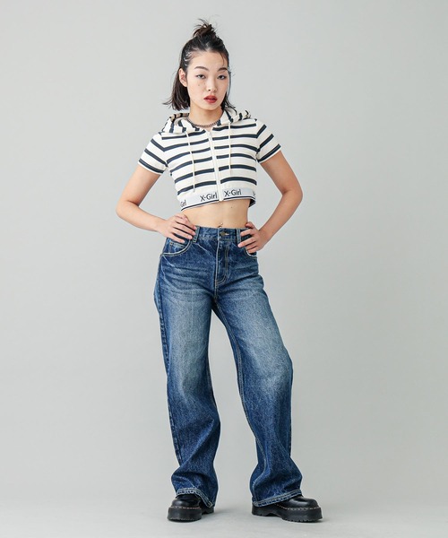 【セール】LOGO AND STRIPE S/S ZIP UP HOODIE（パーカー）｜X-girl（エックスガール）