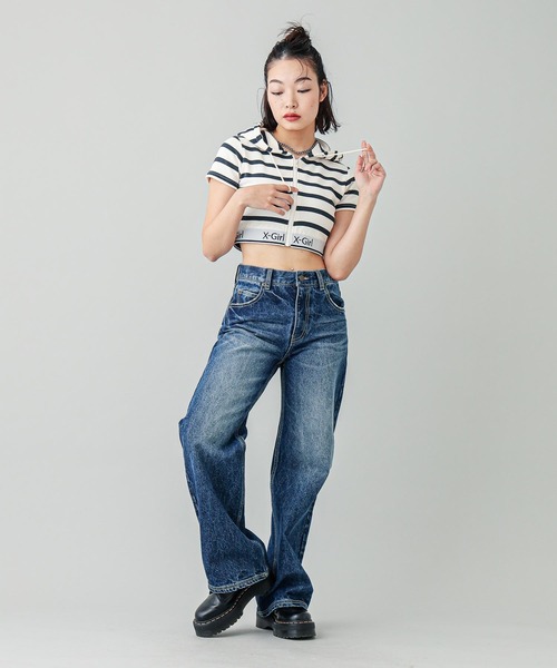 【セール】LOGO AND STRIPE S/S ZIP UP HOODIE（パーカー）｜X-girl（エックスガール）