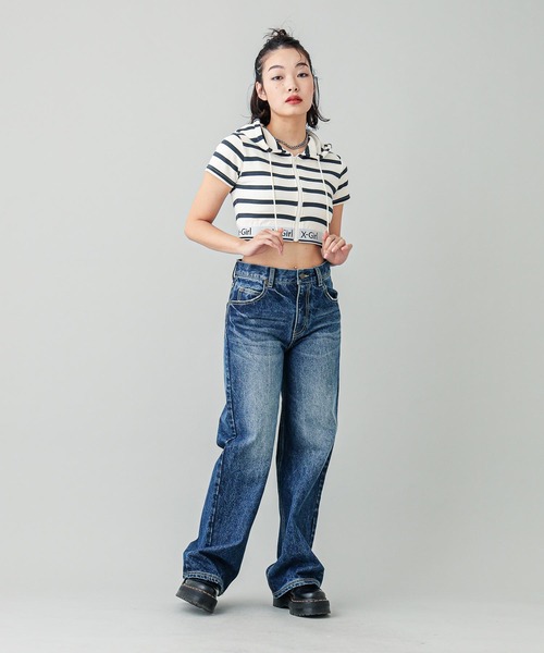 【セール】LOGO AND STRIPE S/S ZIP UP HOODIE（パーカー）｜X-girl（エックスガール）