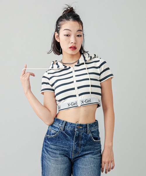 【セール】LOGO AND STRIPE S/S ZIP UP HOODIE（パーカー）｜X-girl（エックスガール）