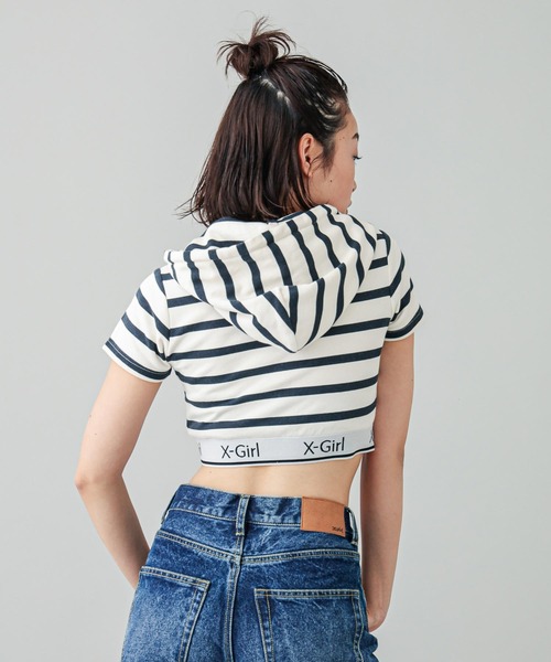 【セール】LOGO AND STRIPE S/S ZIP UP HOODIE（パーカー）｜X-girl（エックスガール）