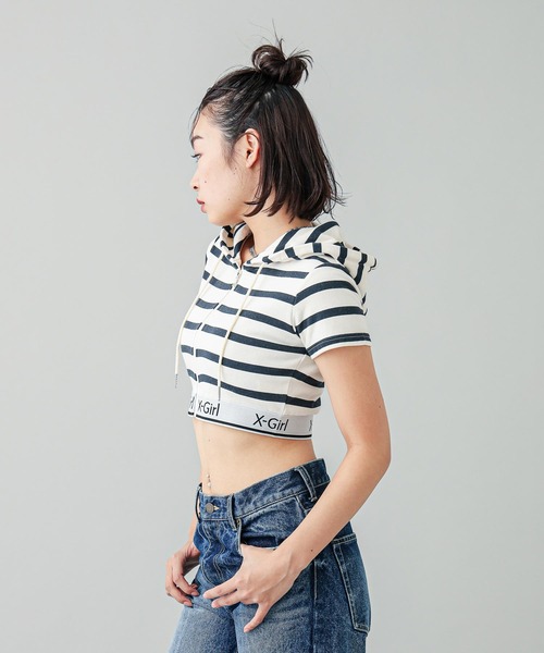 【セール】LOGO AND STRIPE S/S ZIP UP HOODIE（パーカー）｜X-girl（エックスガール）