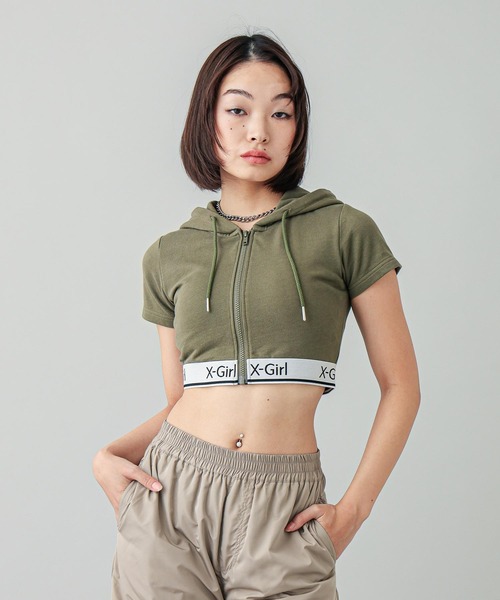 【セール】LOGO AND STRIPE S/S ZIP UP HOODIE（パーカー）｜X-girl（エックスガール）