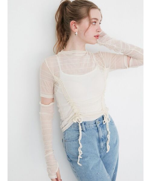 リボン貼付 丸首カットソー ストラップ風リボンカットソー[品番：IGAW0005469]｜axes femme