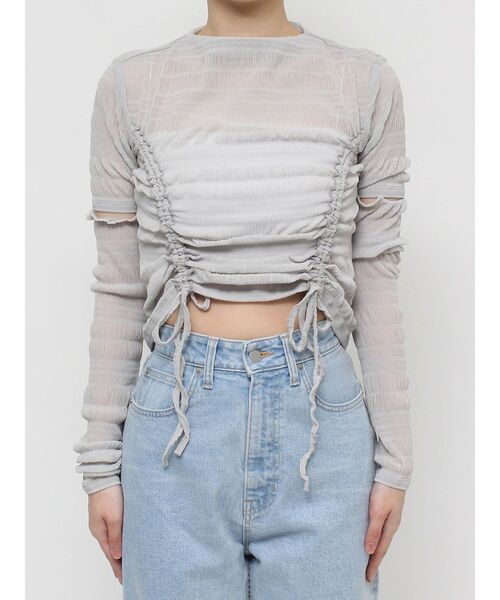 CALNAMUR（カルナムール）の「2WAYシャーリングリボントップス（Tシャツ/カットソー・レディース・ブラック/ライトブルー/ホワイト・FREE）」の6枚目の写真